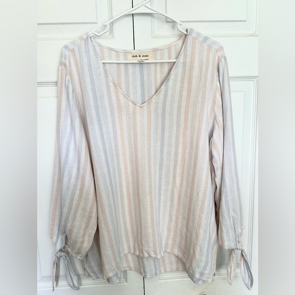 Cloth & Stone Anthropologie Linen Blend Sparkle Striped Top Tie Sleeve-V Neck-XL - Picture 7 of 10